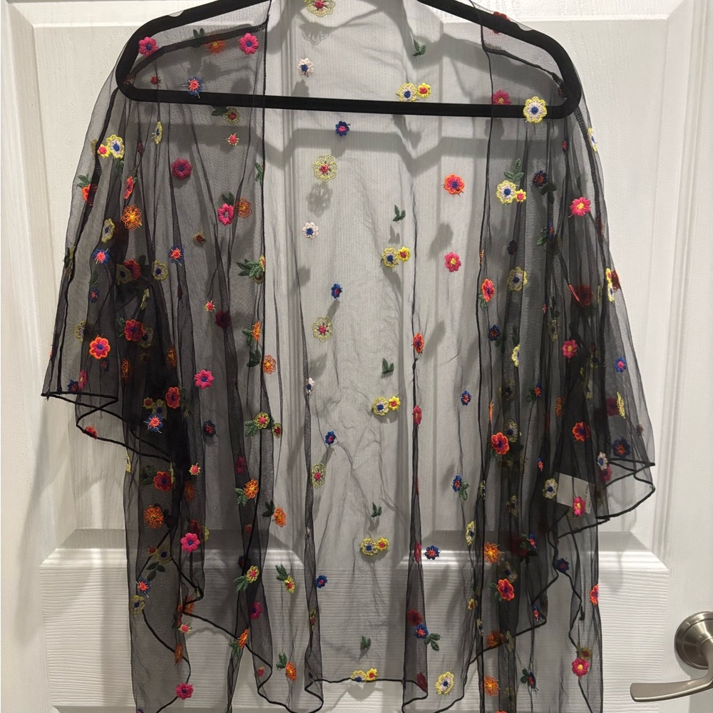 Sheer Black Kimono with Floral Embroidery